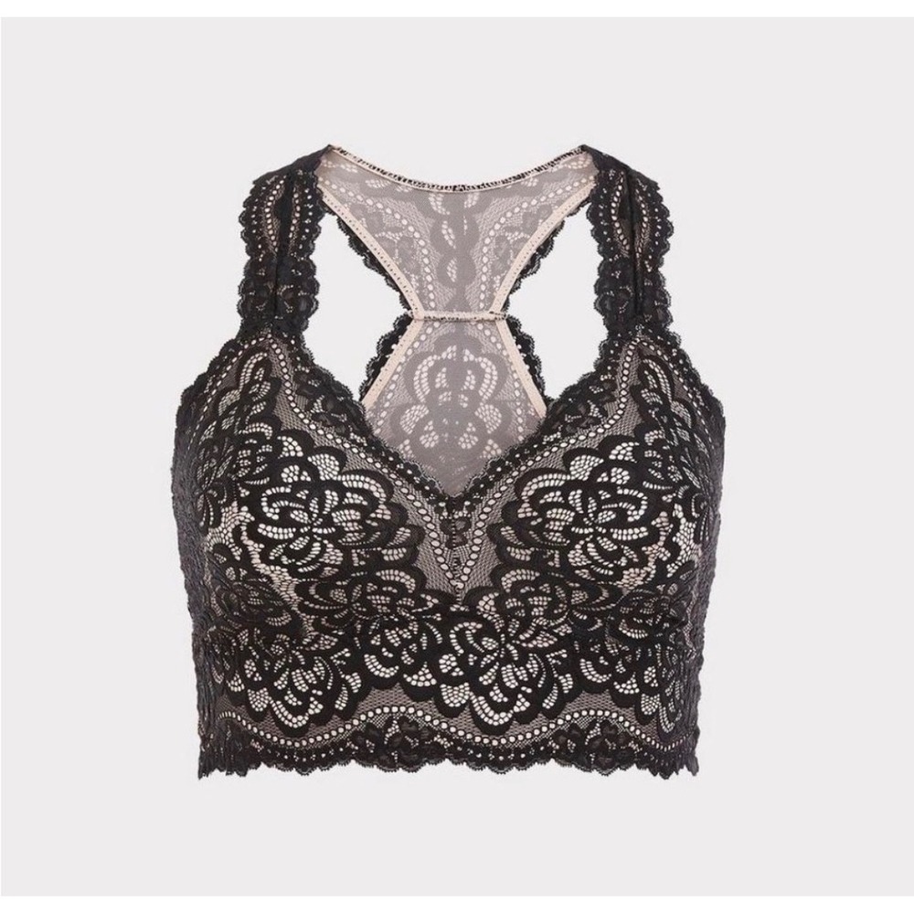 Torrid Bralette Women 4 Black Floral Lace Racerback Mesh Unlined Scalloped Trim